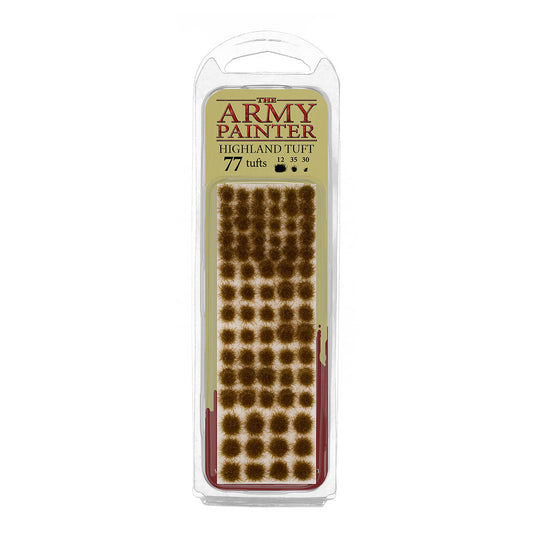 A blister pack of The Army Painter Highland Tuft, showing 77 individual grass tufts with a dry, brownish highland colour.