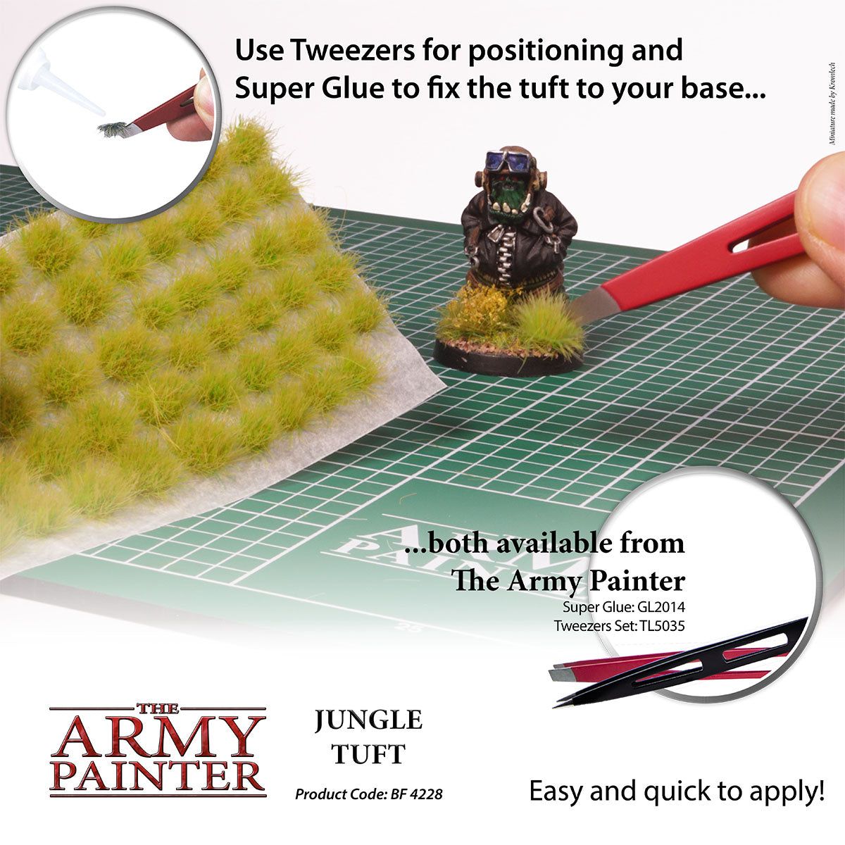 Advertisement for The Army Painter Jungle Tuft with tools and text on a grid background