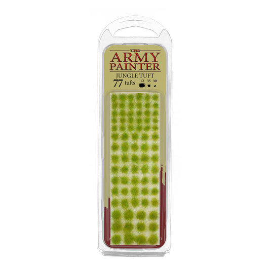 A blister pack of The Army Painter Jungle Tuft, showing 77 individual grass tufts with a vibrant, bright green jungle colour.