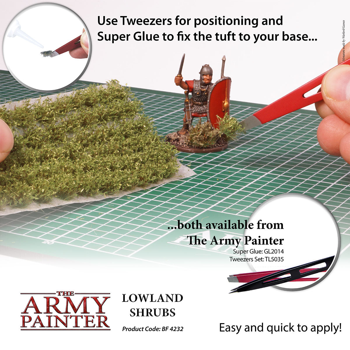 Modeling kit with lowland shrubs, tweezers, and Super Glue on a grid surface, featuring The Army Painter branding.