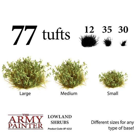 The Army Painter lowland shrubs with different size options and quantity details.