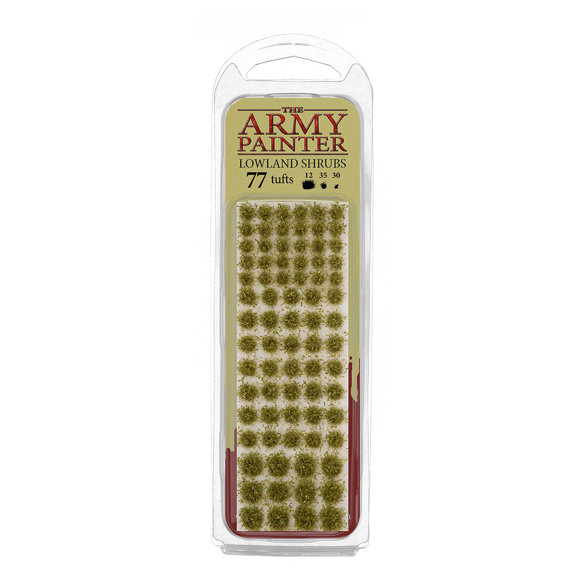 A blister pack of The Army Painter Lowland Shrubs, showing 77 individual tufts that resemble small, lush green bushes.