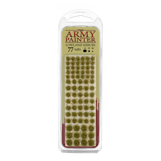 A blister pack of The Army Painter Lowland Shrubs, showing 77 individual tufts that resemble small, lush green bushes.