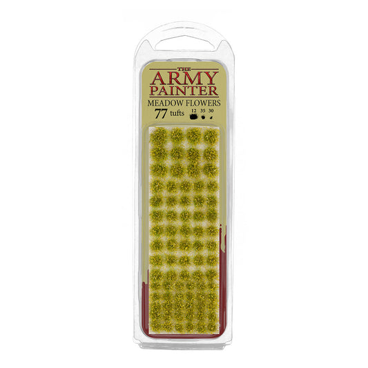 A blister pack of The Army Painter Meadow Flowers, showing 77 individual grass tufts with small yellow flowers.
