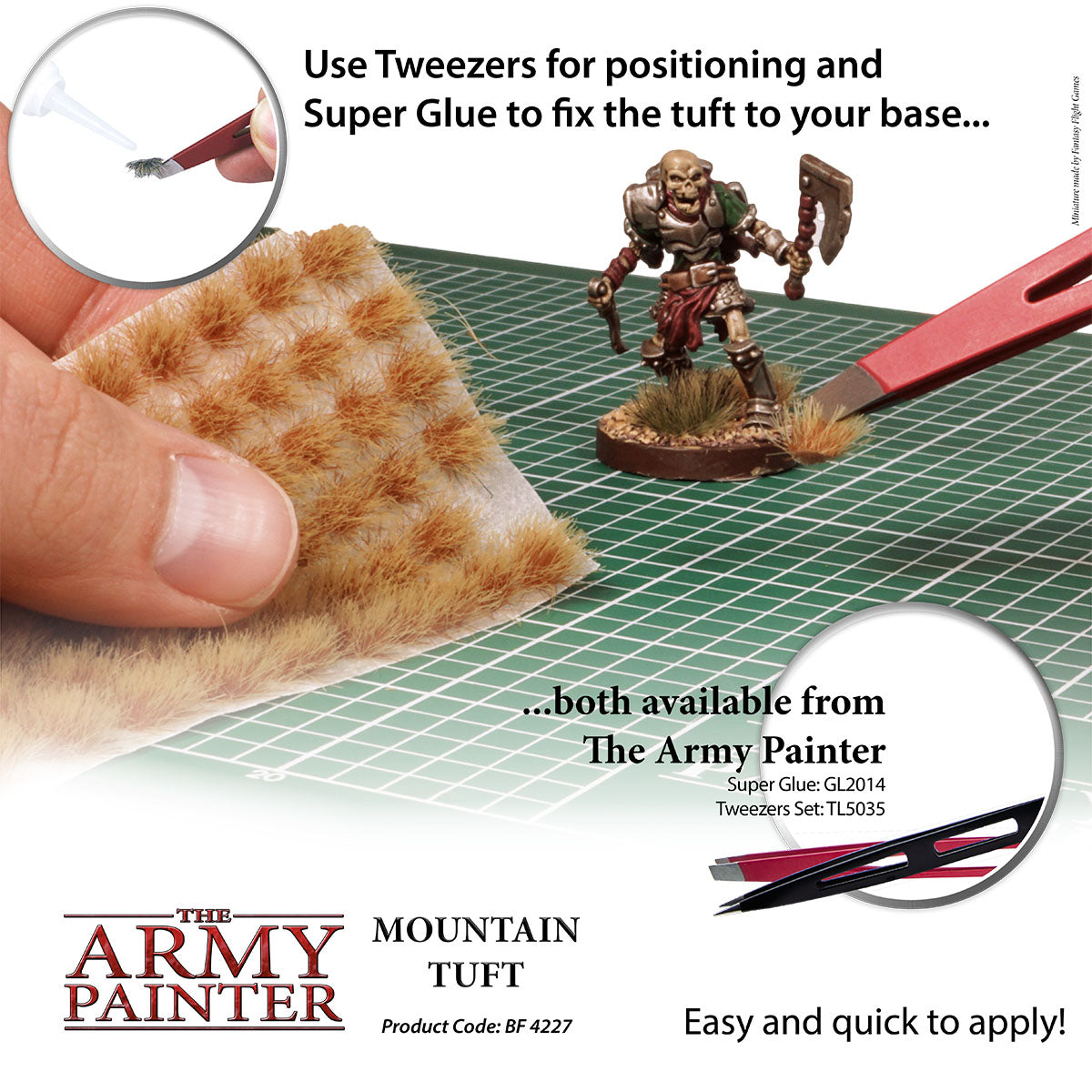 Advertisement for The Army Painter mountain tuft with tools and text on a grid background