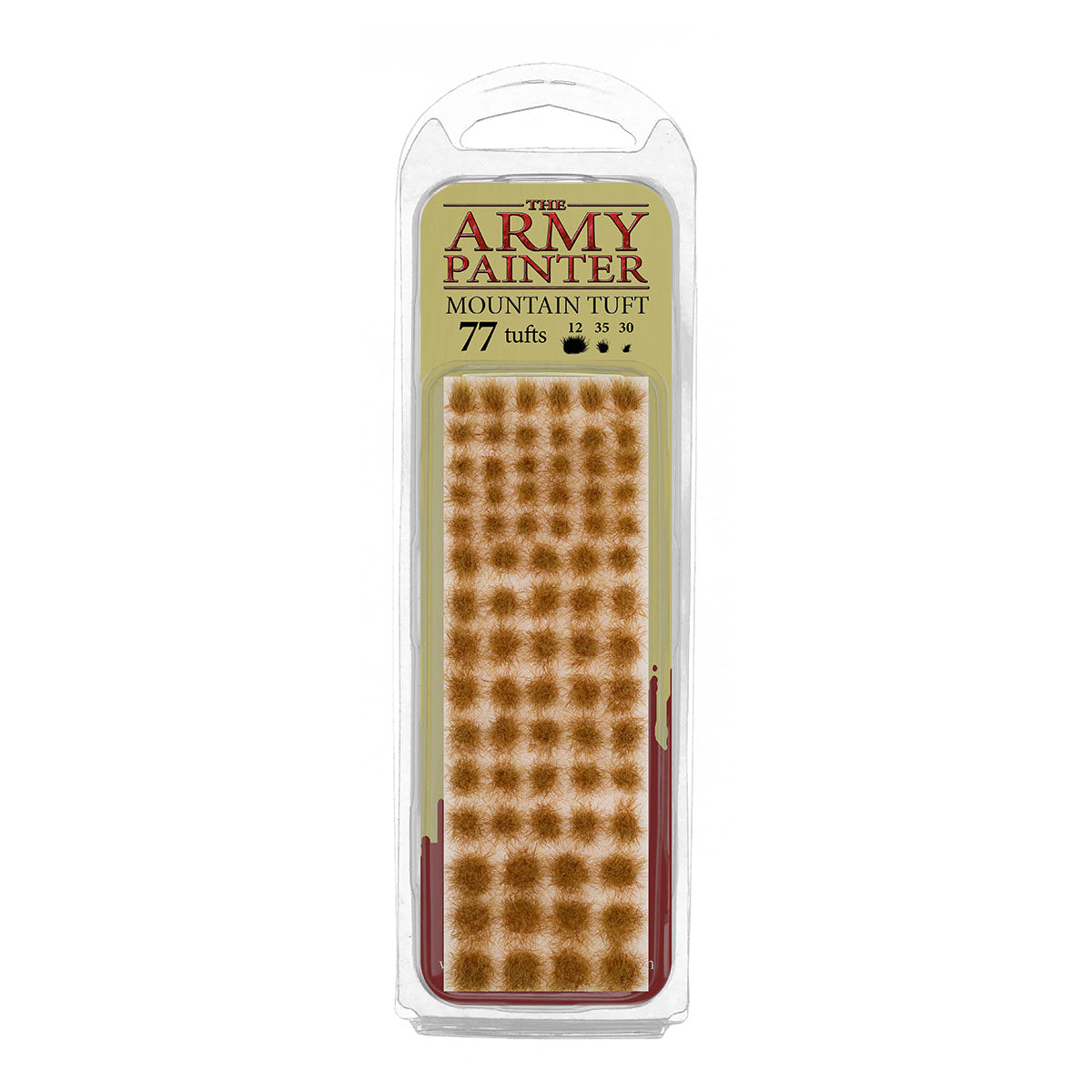 A blister pack of The Army Painter Mountain Tuft, showing 77 individual grass tufts with a dry, brownish-orange mountain colour.