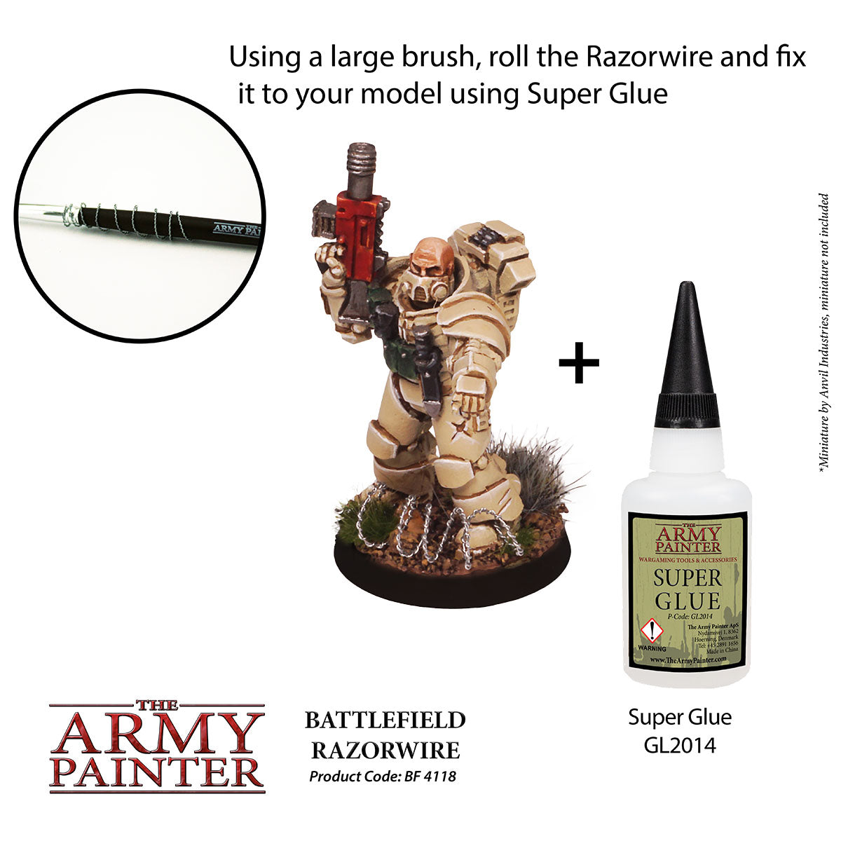 Instructional image for using Razorwire and Super Glue with a model, featuring The Army Painter branding.