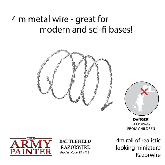 4m roll of realistic looking miniature razorwire with branding and product details on a white background