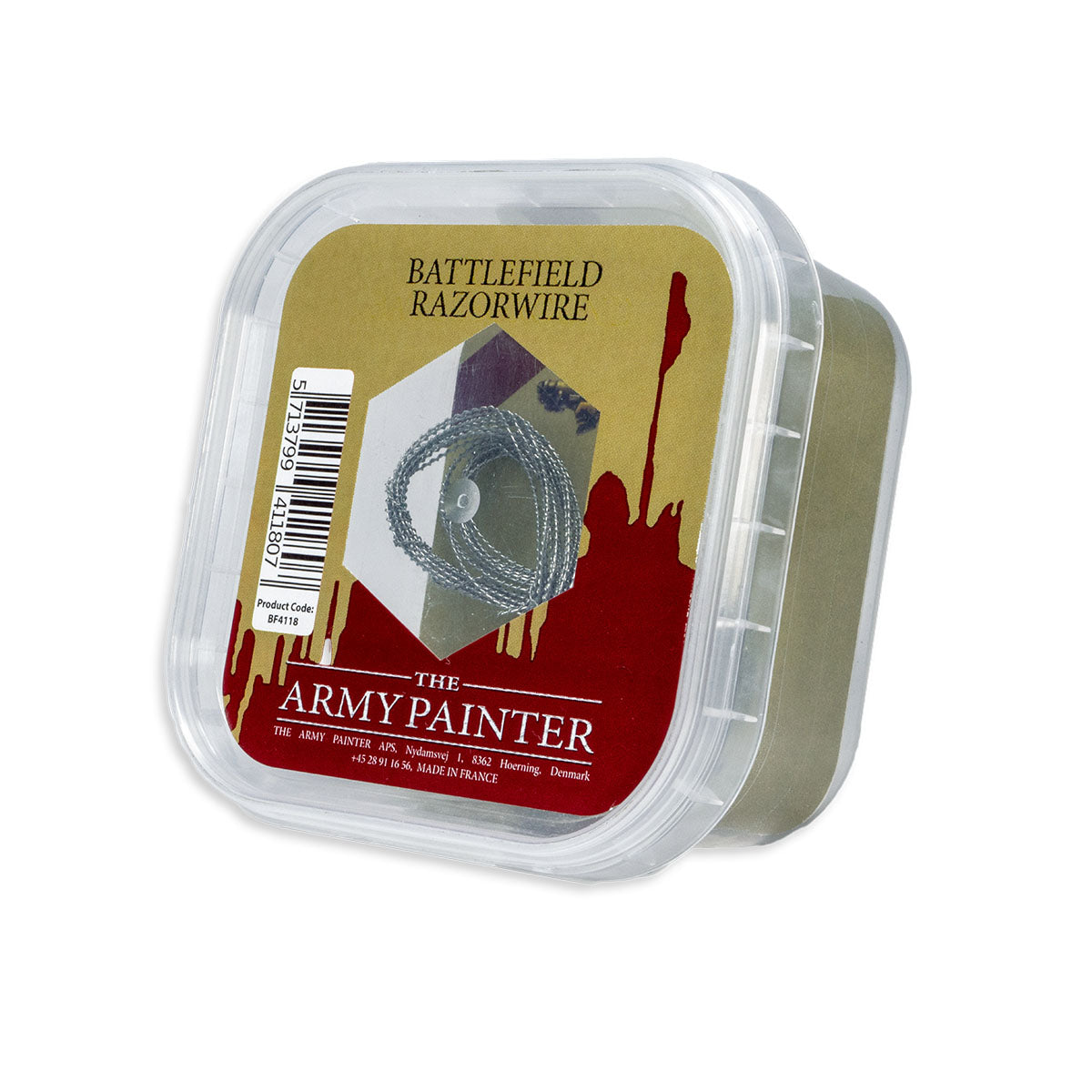 A tub of The Army Painter Battlefield Razorwire, containing a coil of realistic, barbed steel wire for basing miniatures.