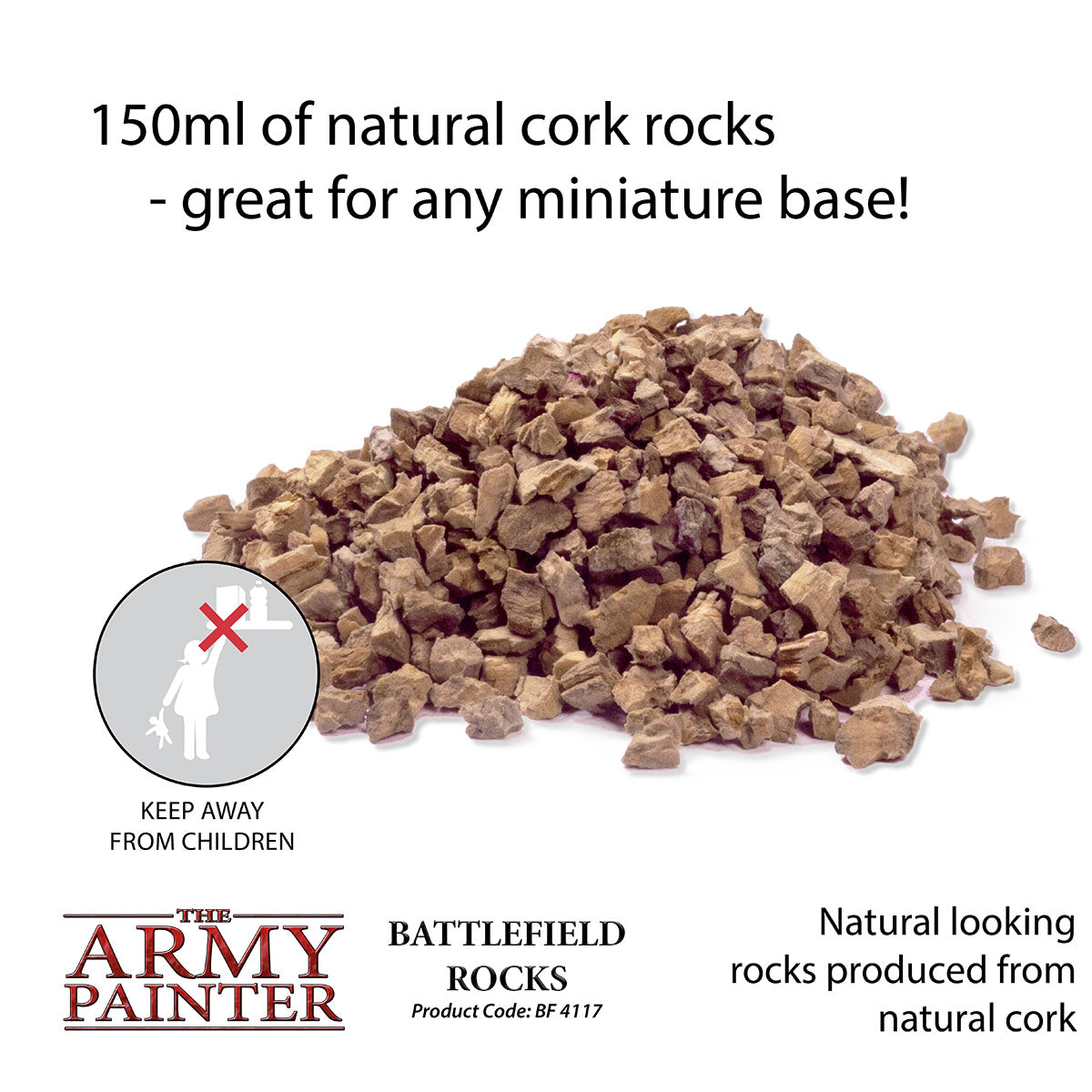 Pile of natural cork rocks with product details and branding on a white background