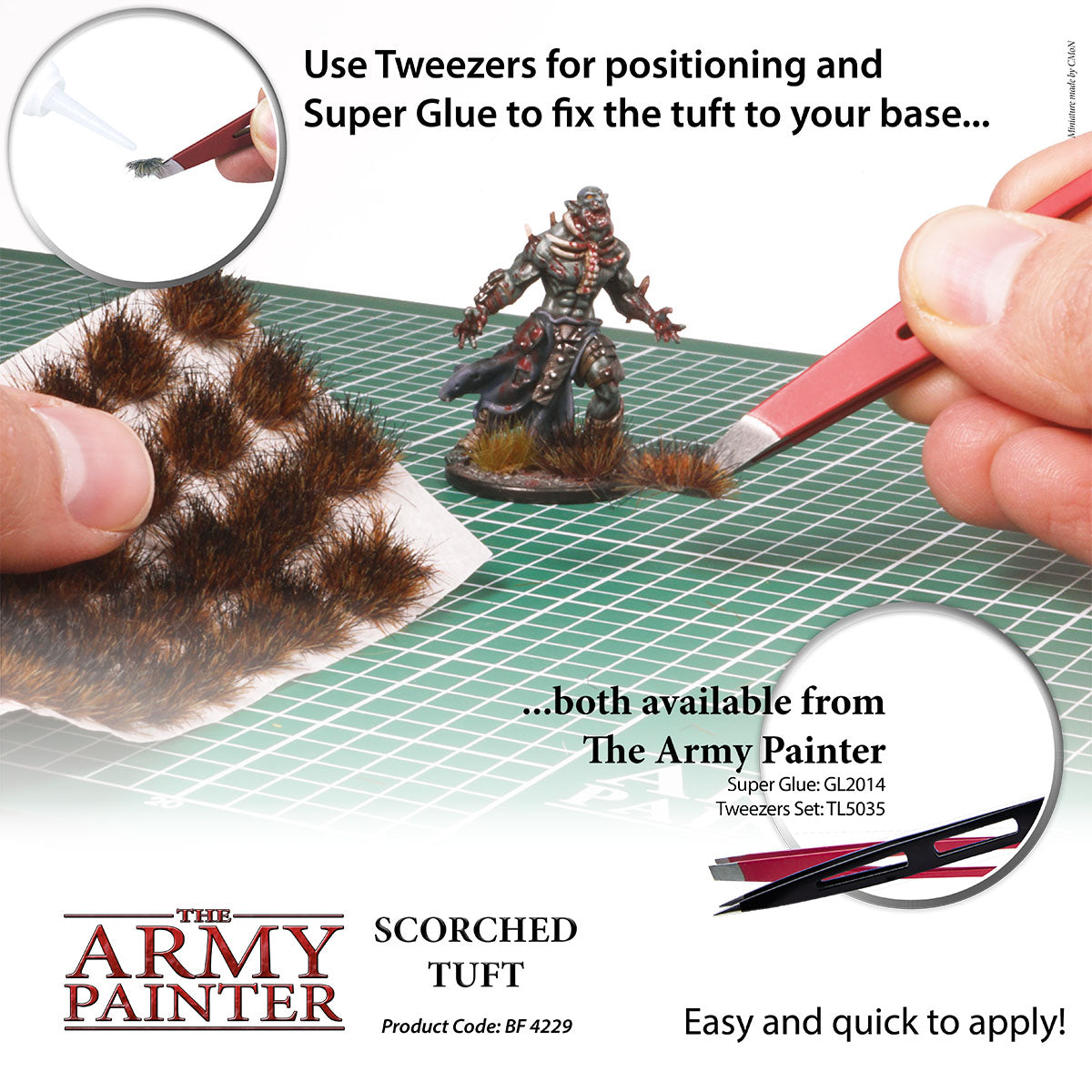 Model painting tutorial with tweezers and super glue on a grid surface, featuring The Army Painter branding.