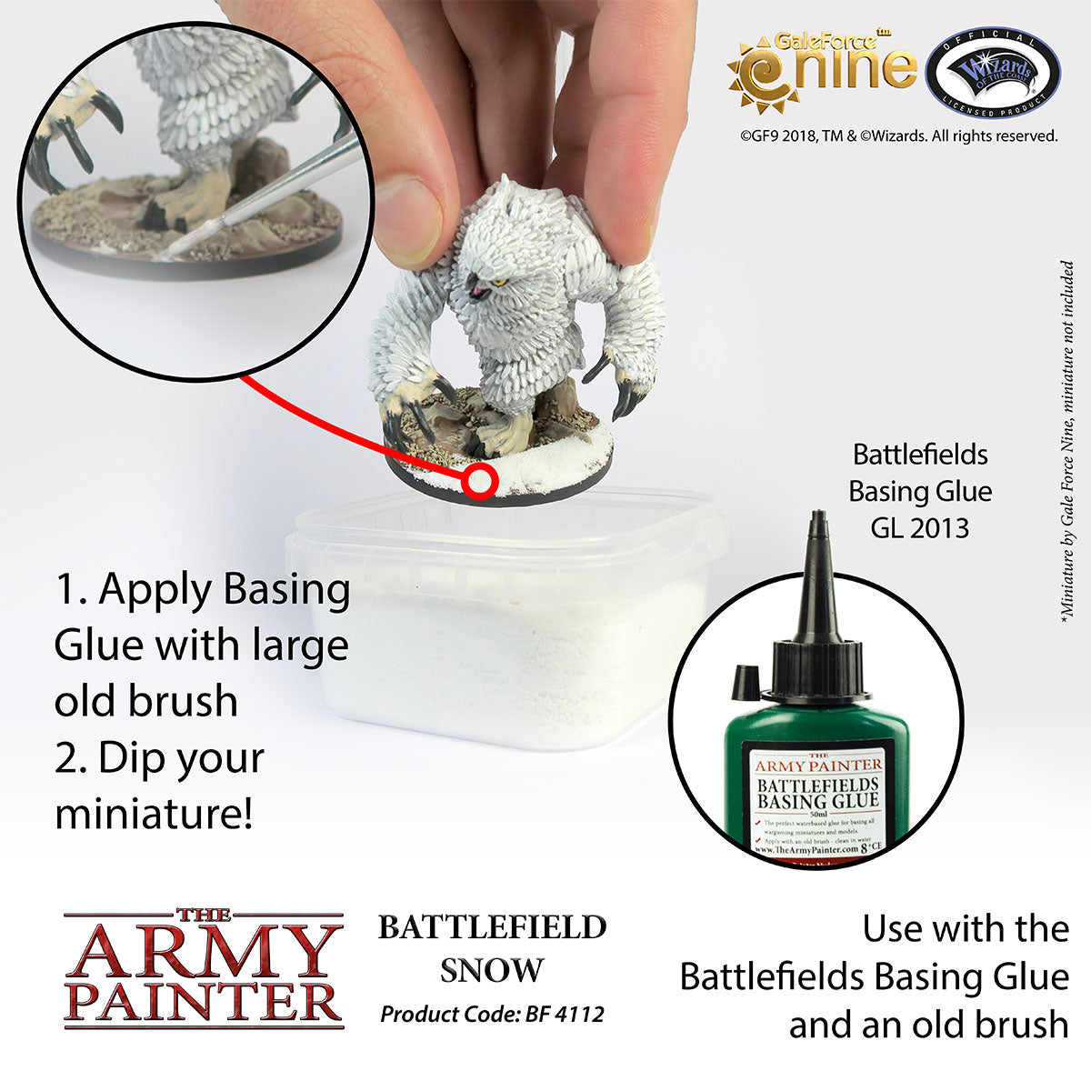 Advertisement for The Army Painter Battlefields Basing Glue and miniature painting guide.