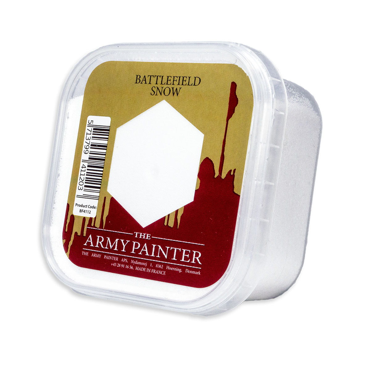 A tub of The Army Painter Battlefield Snow, a fine white flock material for creating realistic snow effects on miniatures and scenery.