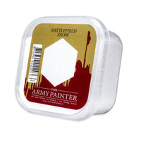 A tub of The Army Painter Battlefield Snow, a fine white flock material for creating realistic snow effects on miniatures and scenery.