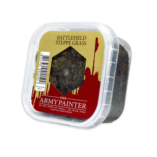 A tub of The Army Painter Battlefield Steppe Grass, a dark green and brown static grass material for basing miniatures.