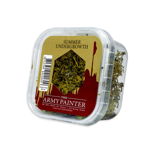 A tub of The Army Painter Summer Undergrowth, a green and yellow flockage material that resembles small bushes and shrubs for basing.