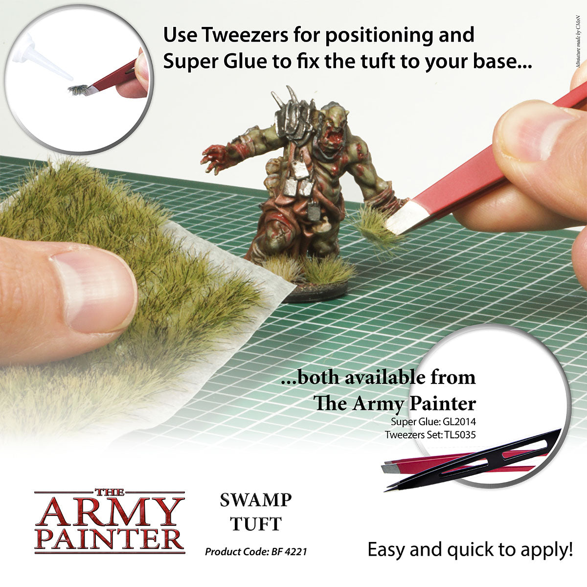 Advertisement for The Army Painter Swamp Tuft with tools and text on a white background