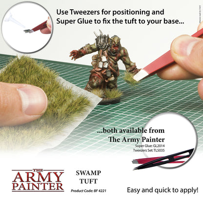 Advertisement for The Army Painter Swamp Tuft with tools and text on a white background
