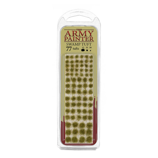 A blister pack of The Army Painter Swamp Tuft, showing 77 individual grass tufts with a swampy green and brown colour.