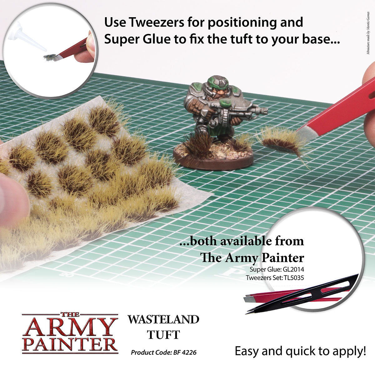 Advertisement for The Army Painter Wasteland Tuft with tools and text on a grid background