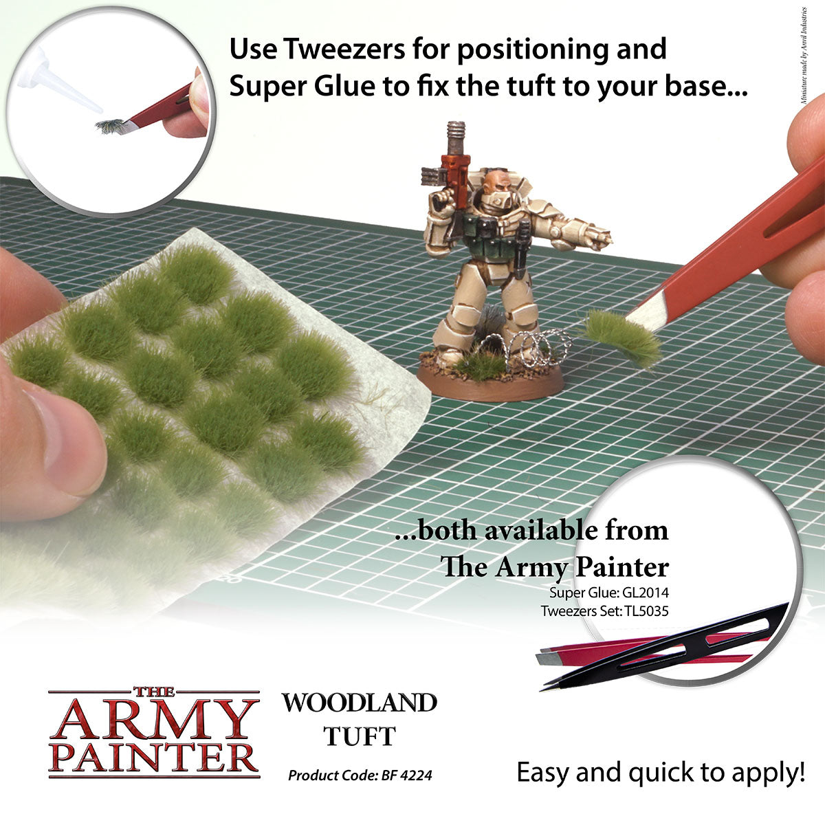 Advertisement for The Army Painter Woodland Tuft with tools and product packaging on a grid background.