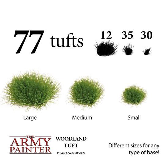 Product display of The Army Painter Woodland Tuft with different size options on a white background.