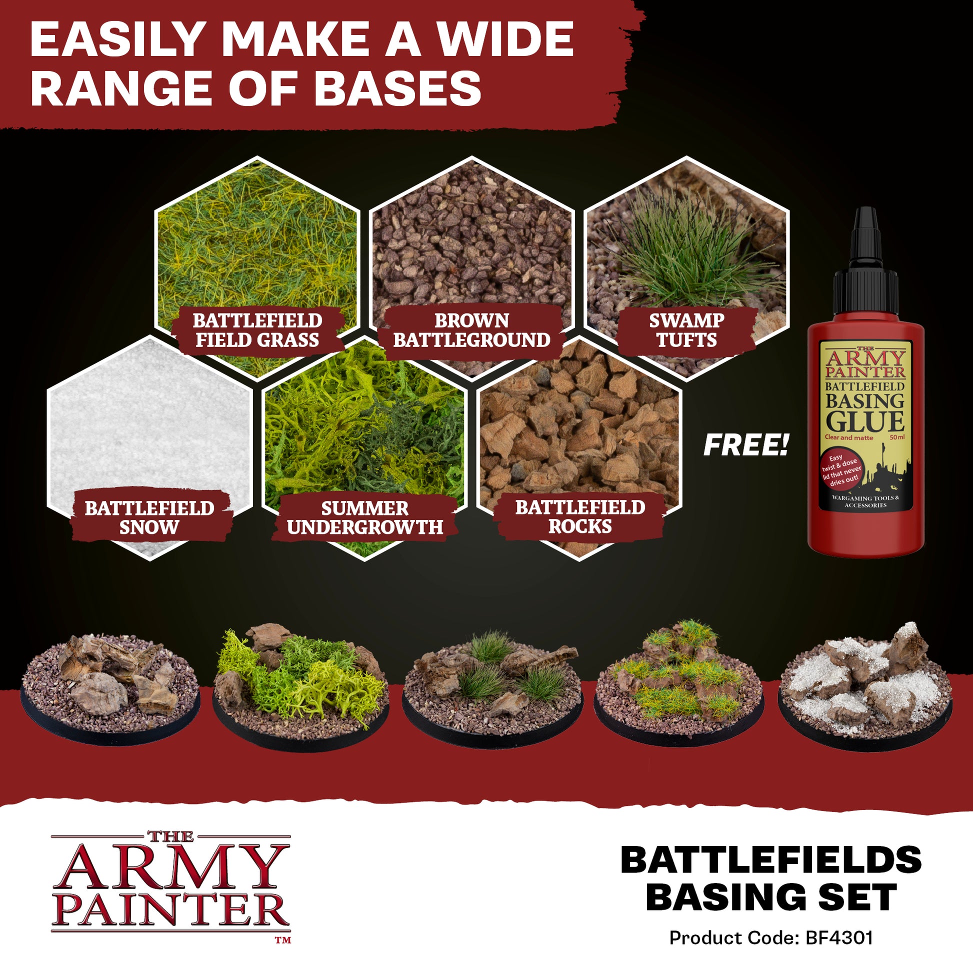 Advertisement for The Army Painter Battlefields Basing Set with various base materials and glue.