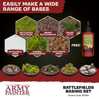 Advertisement for The Army Painter Battlefields Basing Set with various base materials and glue.