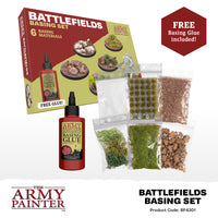 Battlefields Basing Set packaging with materials and glue from The Army Painter on a white background.