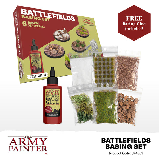 Battlefields Basing Set packaging with materials and glue from The Army Painter on a white background.