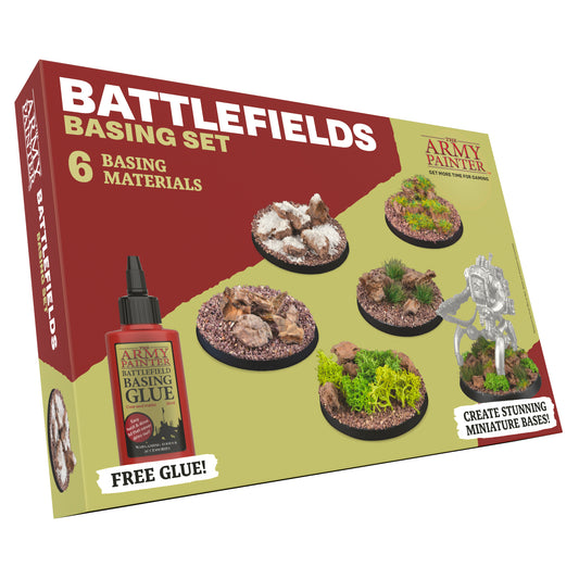 The box for The Army Painter Battlefields Basing Set, showing a variety of finished miniature bases alongside the included basing materials and glue.