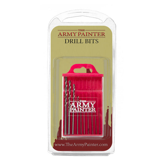 A blister pack containing The Army Painter Drill Bits set, showing 10 various-sized drill bits in a red plastic case.