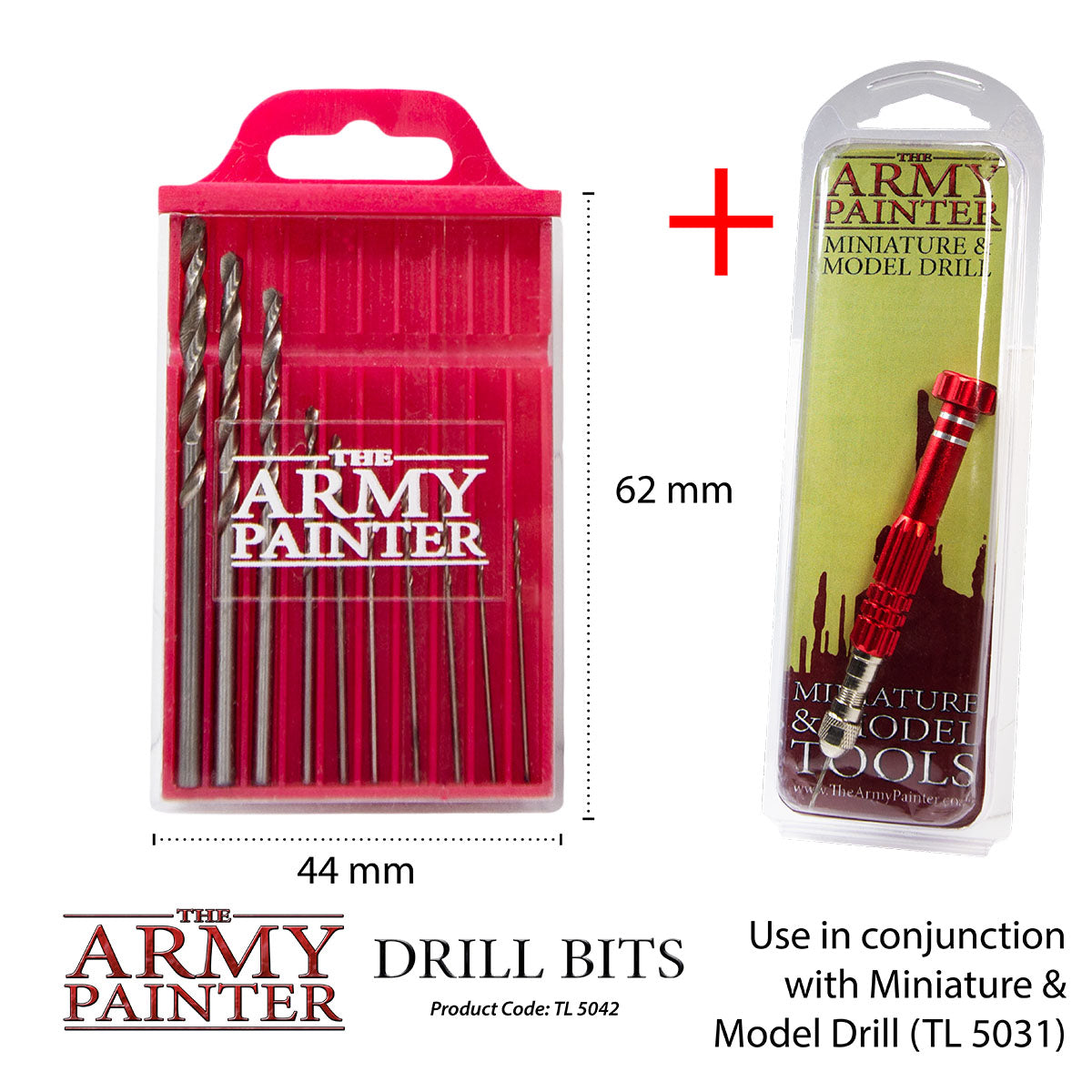 The Army Painter drill bits set with packaging and dimensions displayed.