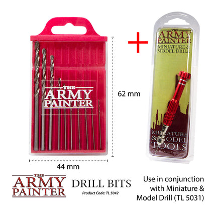 The Army Painter drill bits set with packaging and dimensions displayed.