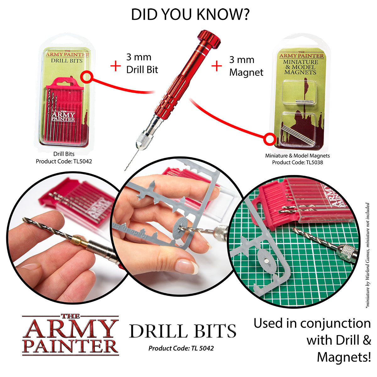 Promotional graphic for The Army Painter drill bits and magnet set with product images and text.
