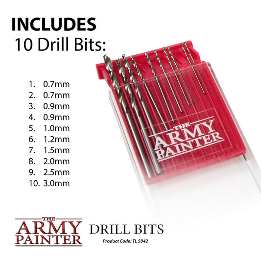 Set of drill bits in a red case with product details on a white background