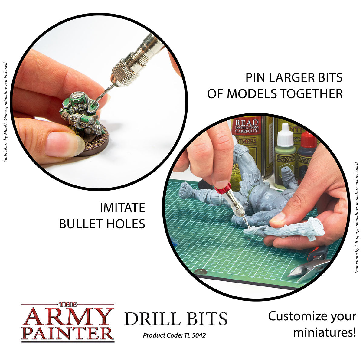 Advertisement for 'The Army Painter' drill bits showing how to customize miniatures.