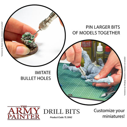 Advertisement for 'The Army Painter' drill bits showing how to customize miniatures.