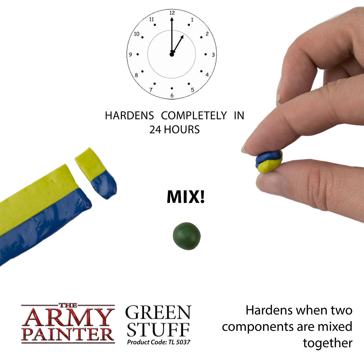 Green Stuff product by The Army Painter with mixing instructions and branding.