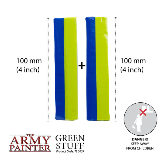 Two blue and green striped bars with measurements and branding on a white background