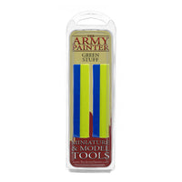 A blister pack of The Army Painter Green Stuff, showing the two-part epoxy putty with its distinct yellow and blue strips.