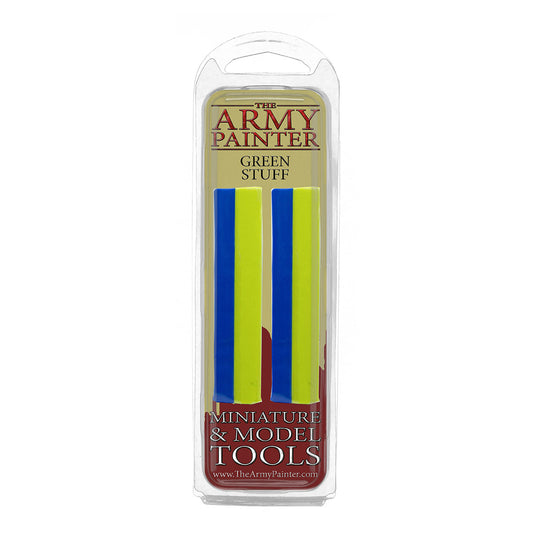 A blister pack of The Army Painter Green Stuff, showing the two-part epoxy putty with its distinct yellow and blue strips.