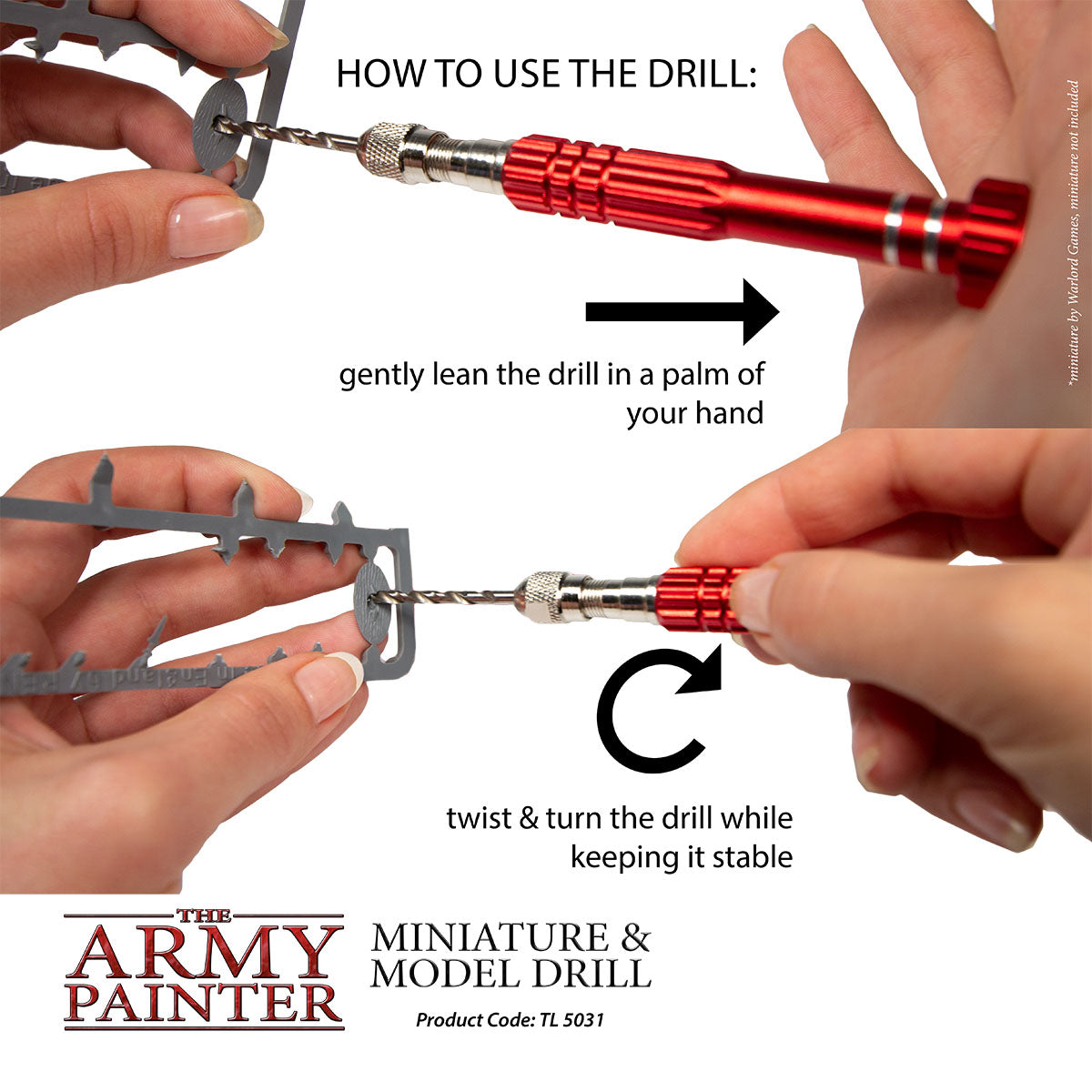 Instructions on how to use a miniature and model drill with 'The Army Painter' branding.