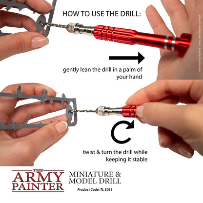 Instructions on how to use a miniature and model drill with 'The Army Painter' branding.