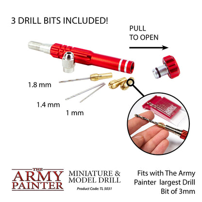 Red miniature and model drill with included drill bits on a white background, featuring The Army Painter branding.