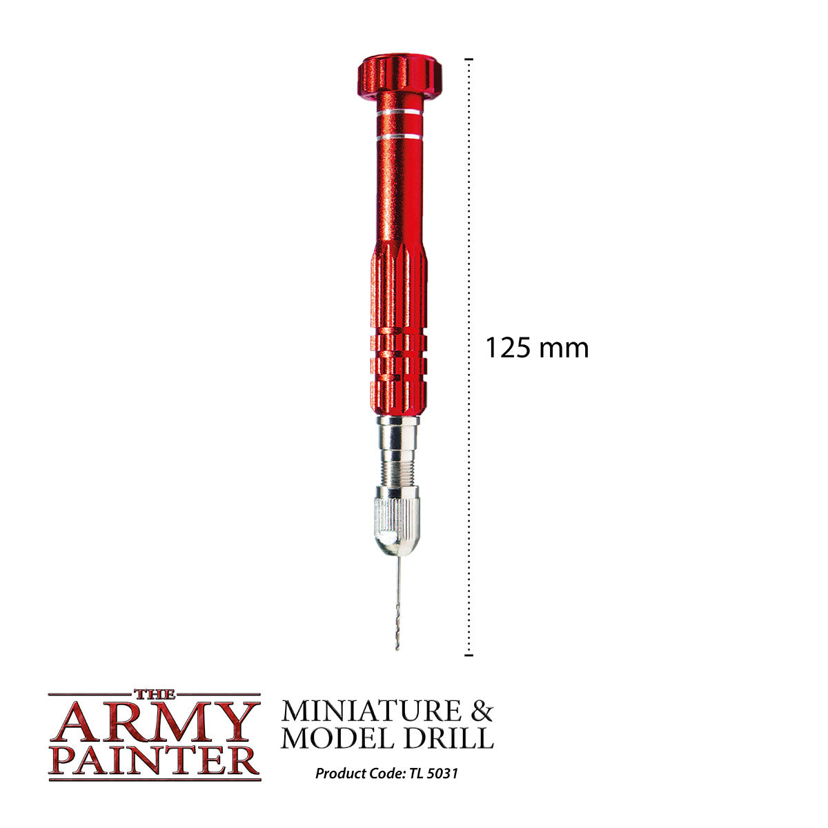 Red miniature and model drill with measurement details on a white background, branded as 'The Army Painter'.