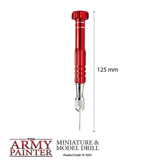 Red miniature and model drill with measurement details on a white background, branded as 'The Army Painter'.