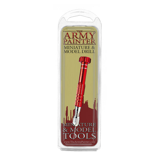 A blister pack containing The Army Painter Miniature & Model Drill, showing the red metallic handle of the pin vice tool.