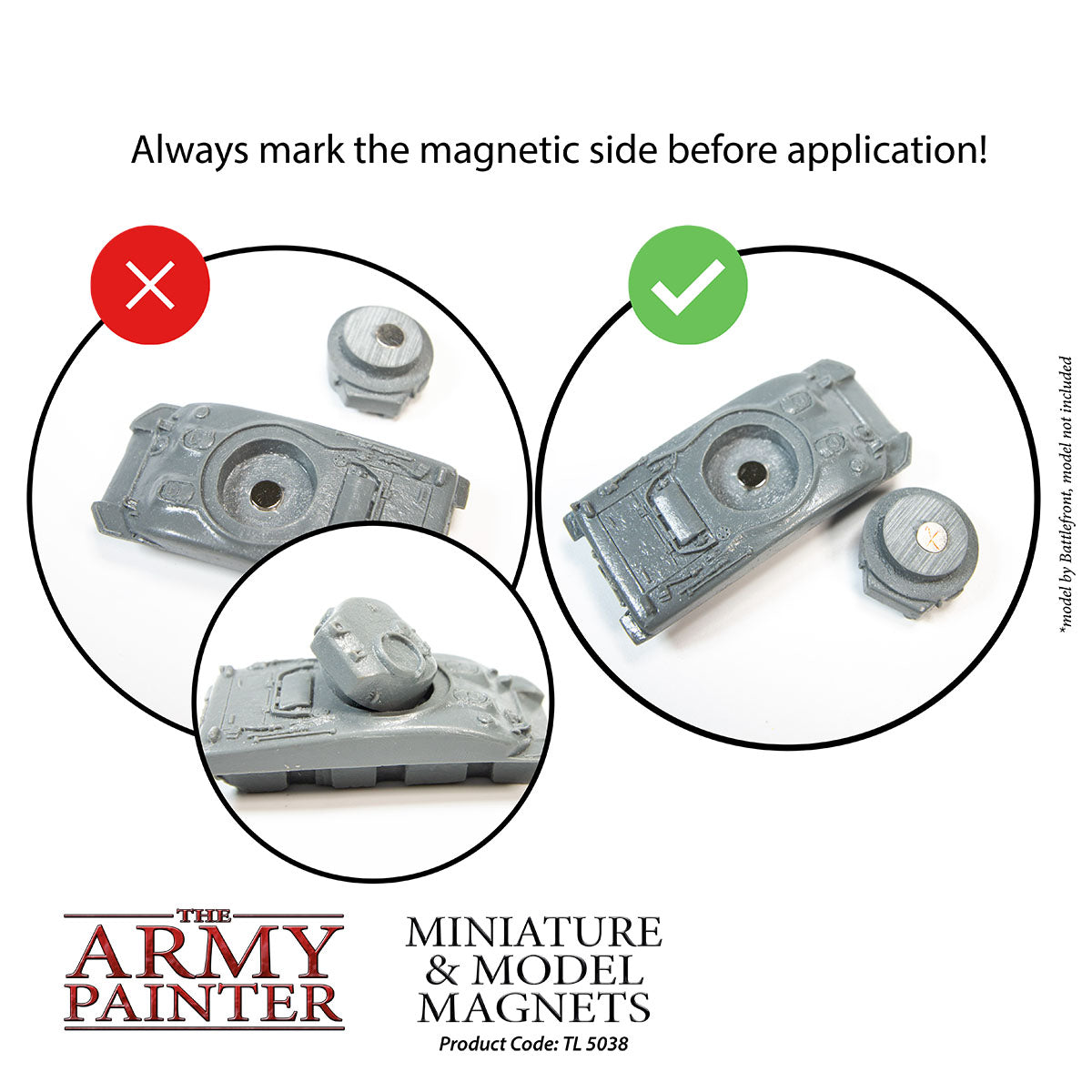 Instructional diagram for marking magnetic sides of miniature and model magnets with 'The Army Painter' branding.