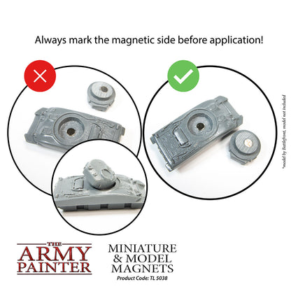 Instructional diagram for marking magnetic sides of miniature and model magnets with 'The Army Painter' branding.
